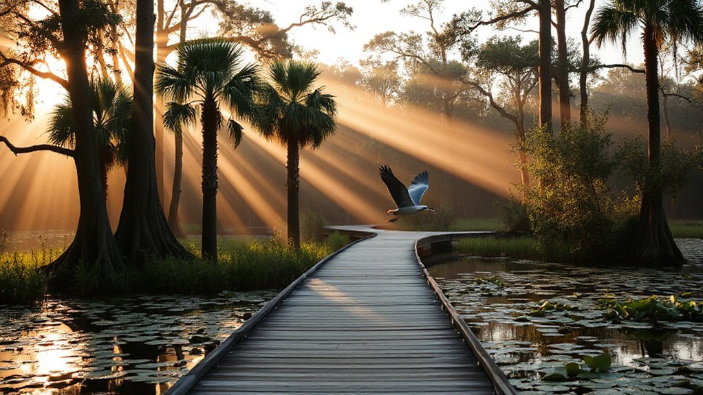 boardwalks through cypress marsh