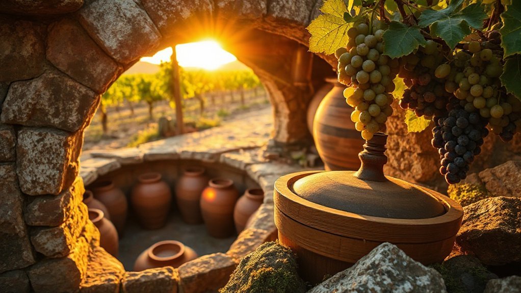 buried clay stomping grapes