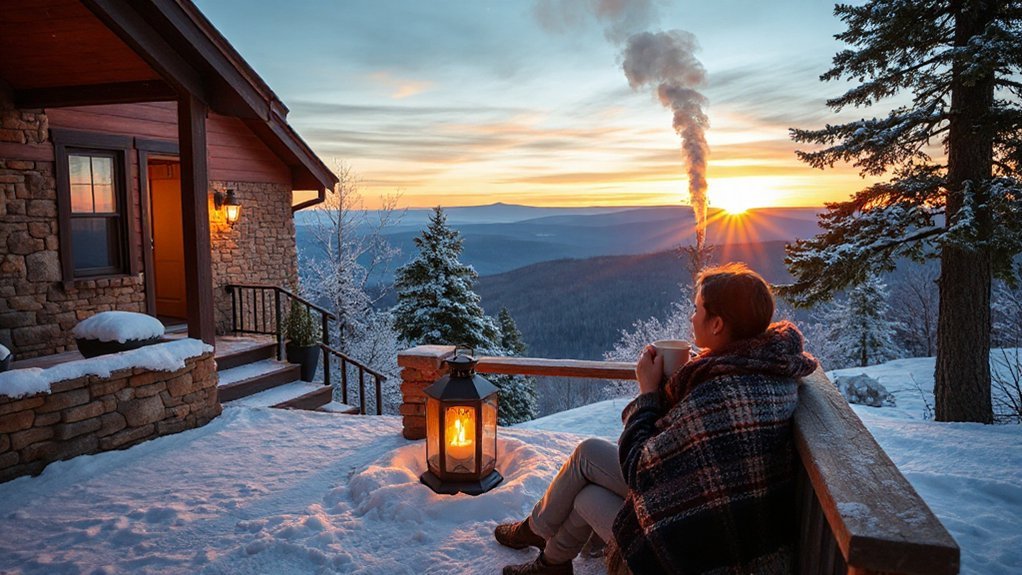 cedar cabin glowing woodstove