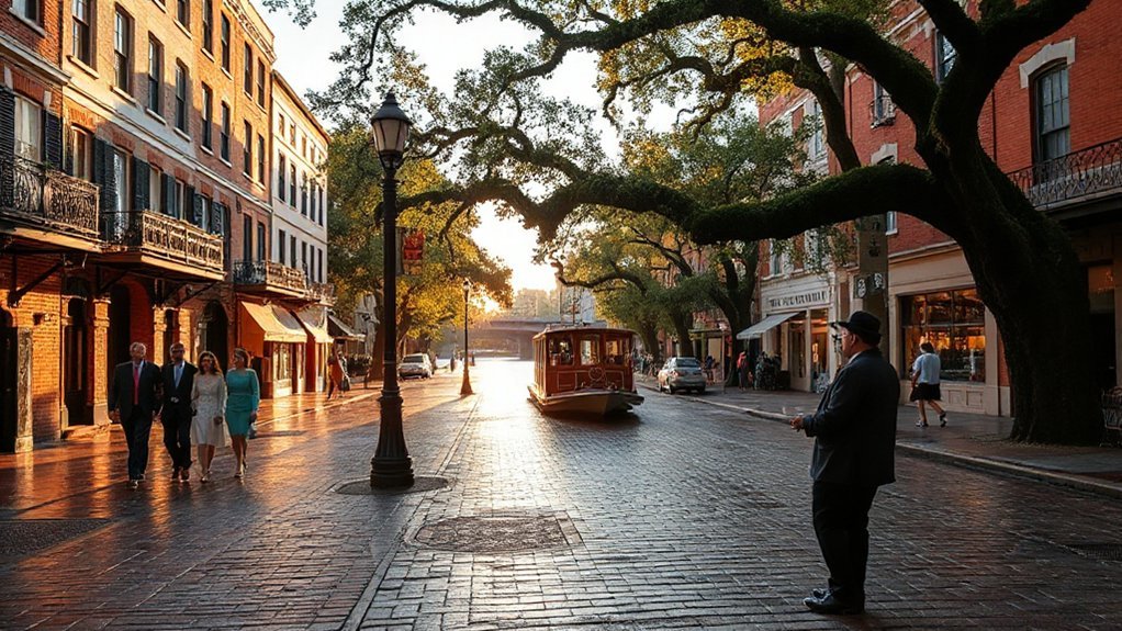 cobblestone riverfront with performers