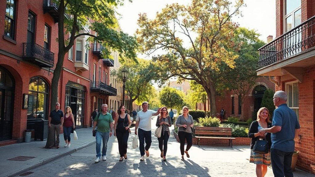 cobblestone streets and gardens
