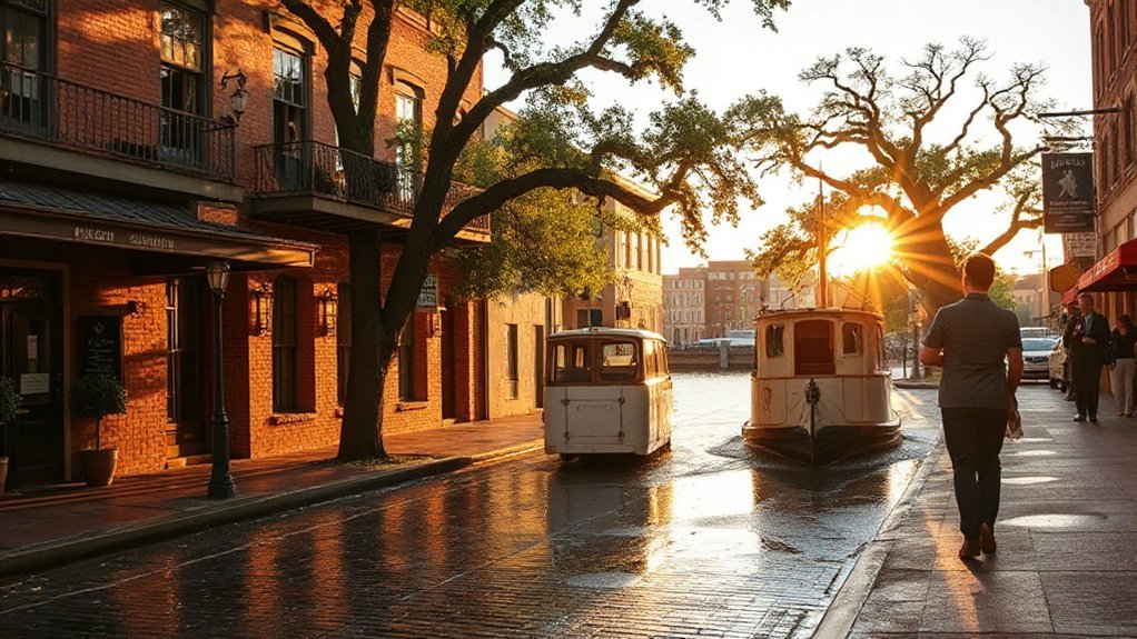 cobblestones warehouses riverfront sunset