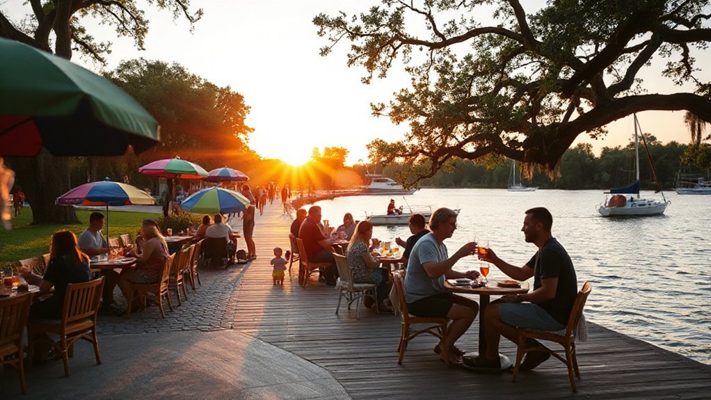 family waterfront sunset dining