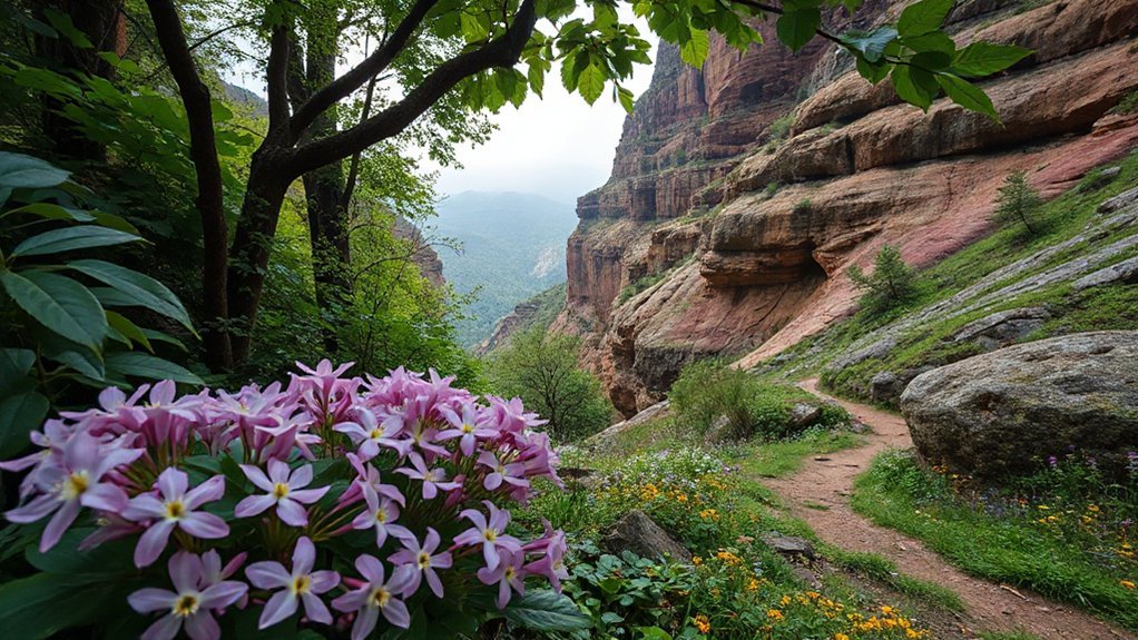 fern lined bluffs blooming waterfalls