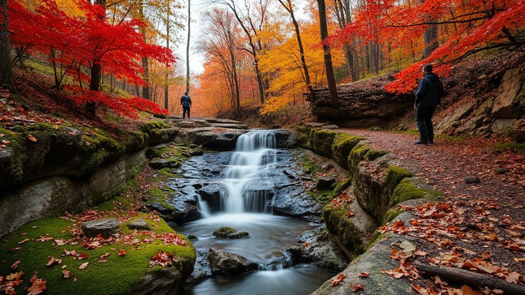 waterfalls framed by maples